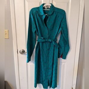 Vintage Parade Teal Pattern Long Sleeve Button Down Midi Dress with Belt Size 12